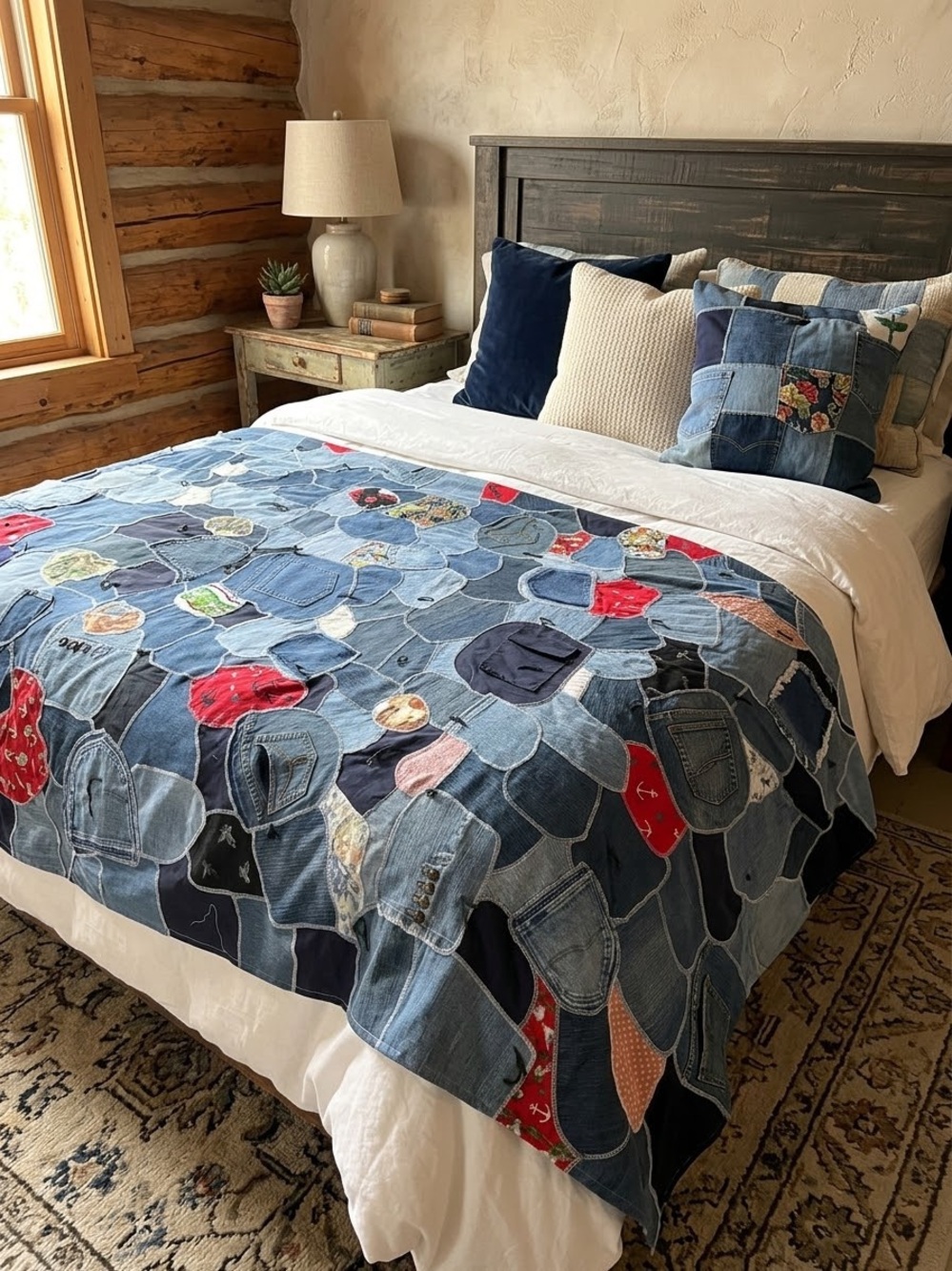 Handmade Denim Patchwork bed quilt blanket